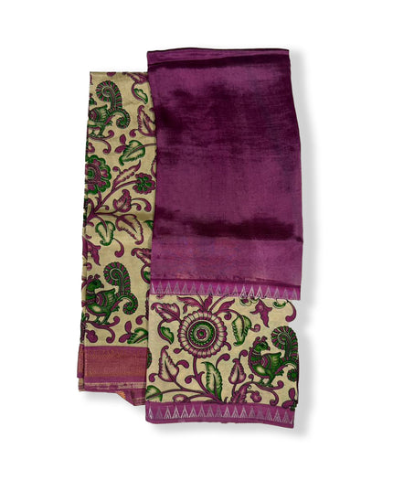 Premium Mangalagiri Semi Pattu 2PC Dress Material in Wine Purple with Traditional Kalamkari Print | Elegant Ethnic Wear Fabric Set