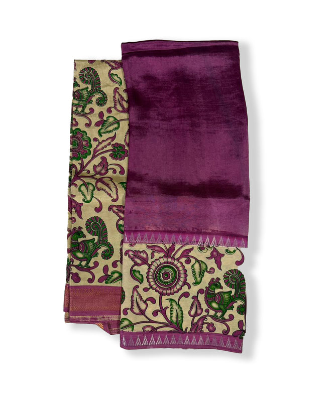 Premium Mangalagiri Semi Pattu 2PC Dress Material in Wine Purple with Traditional Kalamkari Print | Elegant Ethnic Wear Fabric Set