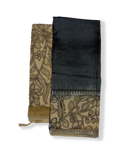 Premium Mangalagiri Semi Pattu 2PC Dress Material in Charcoal Grey with Traditional Floral Print | Elegant Ethnic Wear Fabric Set
