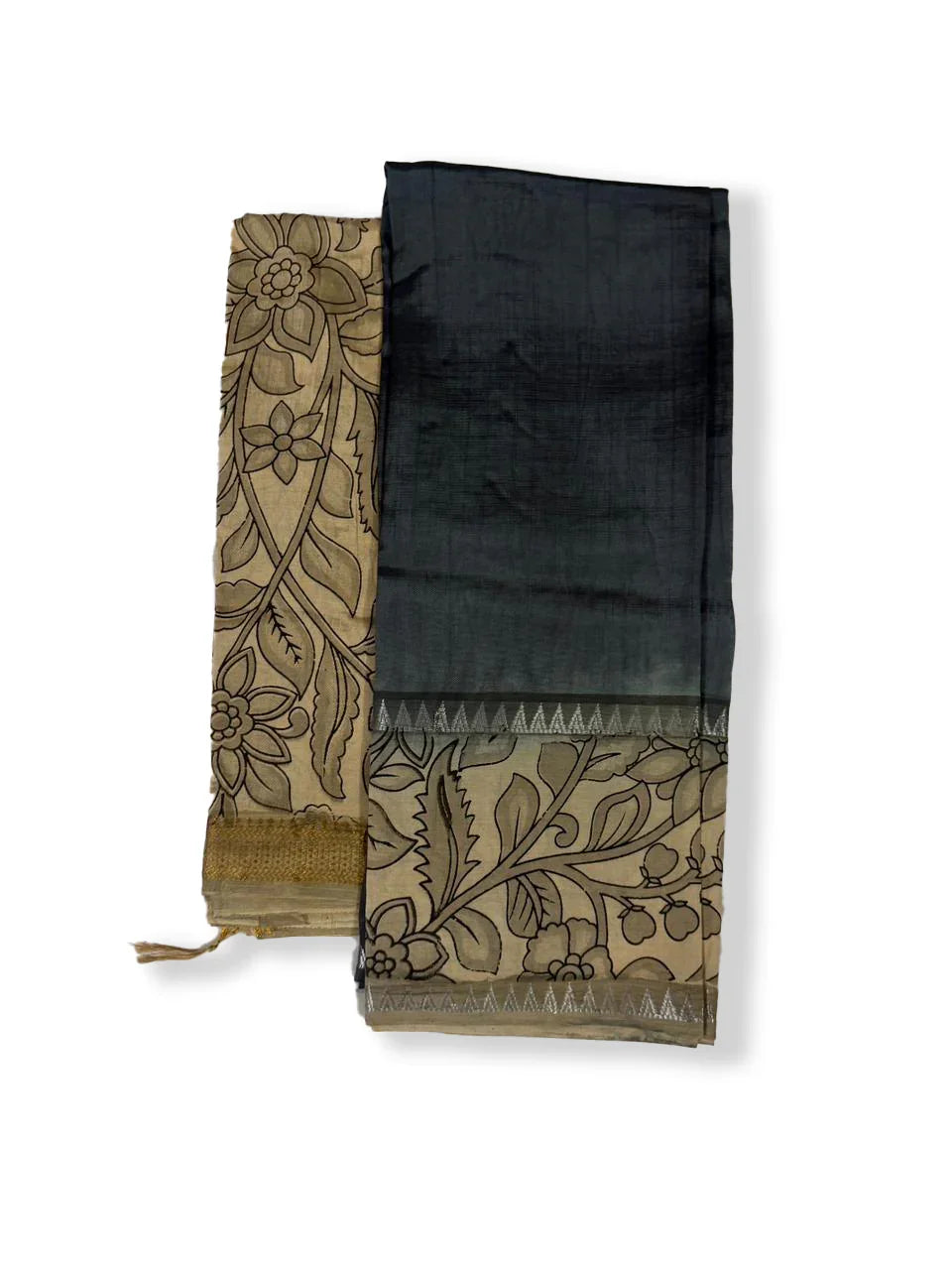 Premium Mangalagiri Semi Pattu 2PC Dress Material in Charcoal Grey with Traditional Floral Print | Elegant Ethnic Wear Fabric Set