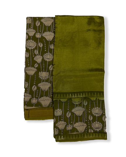 Premium Mangalagiri Semi Pattu 2PC Dress Material in Olive Green with Lotus Floral Print | Elegant Traditional Wear Fabric Set