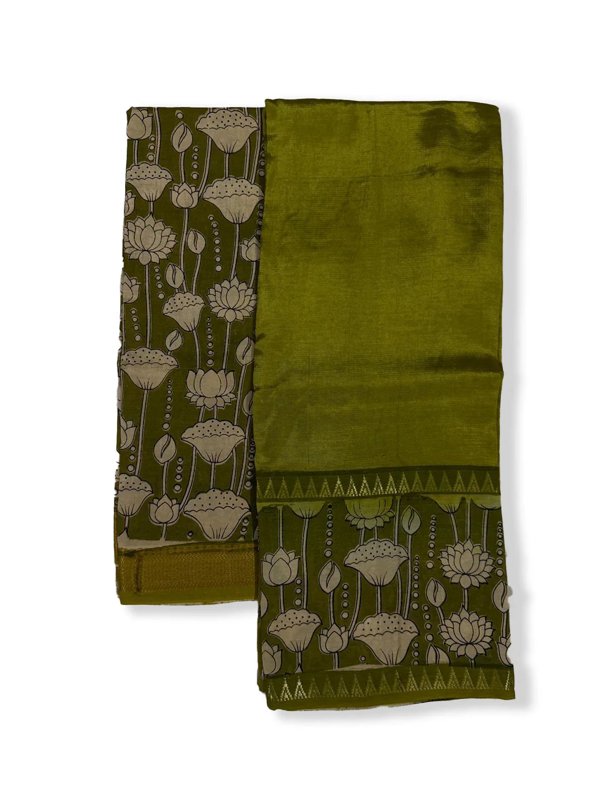 Premium Mangalagiri Semi Pattu 2PC Dress Material in Olive Green with Lotus Floral Print | Elegant Traditional Wear Fabric Set