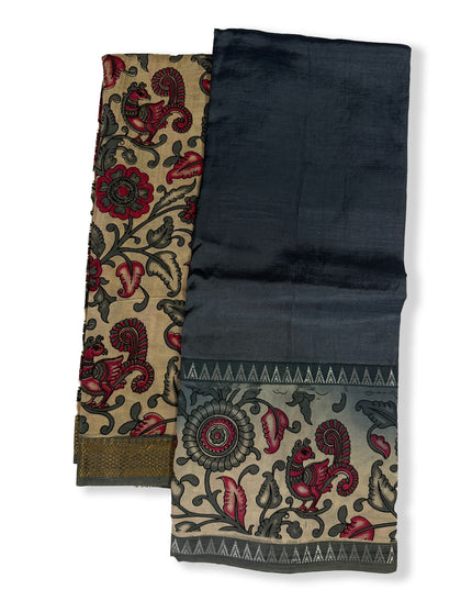 Premium Mangalagiri Semi Pattu 2PC Dress Material in Slate Grey with Traditional Kalamkari Print | Elegant Ethnic Wear Fabric Set