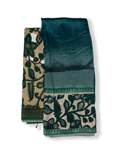 Premium Mangalagiri Semi Pattu 2PC Dress Material in Peacock Green with Traditional Floral Print | Elegant Ethnic Wear Fabric Set