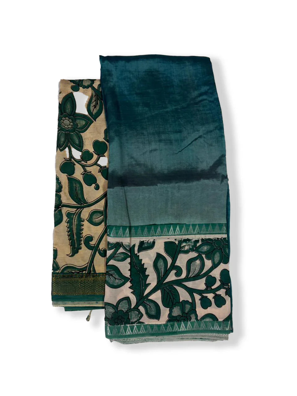 Premium Mangalagiri Semi Pattu 2PC Dress Material in Peacock Green with Traditional Floral Print | Elegant Ethnic Wear Fabric Set