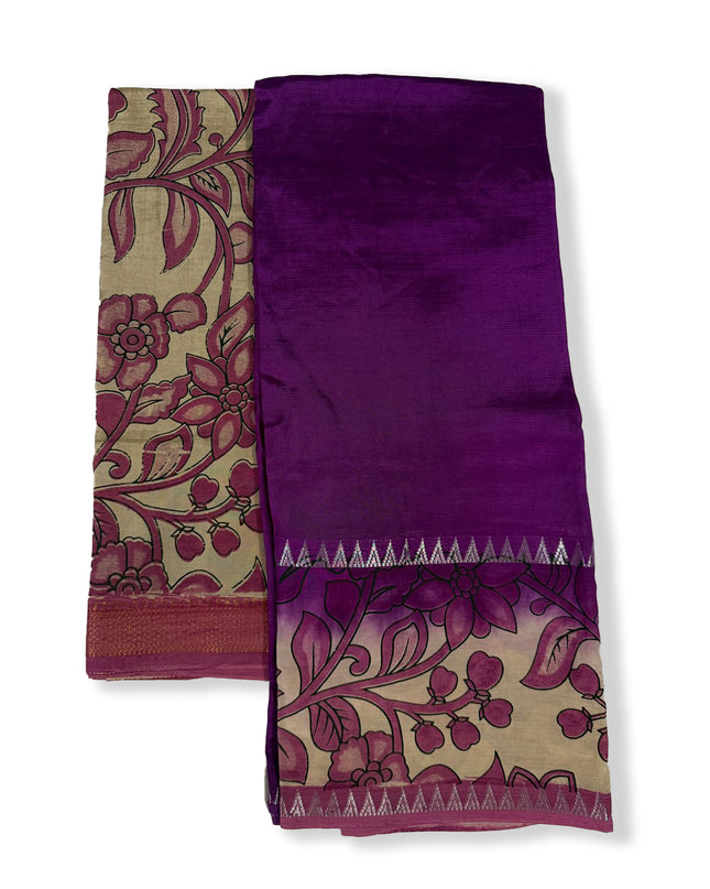 Premium Mangalagiri Semi Pattu 2PC Dress Material in Magenta Purple with Traditional Floral Print | Elegant Ethnic Wear Fabric Set