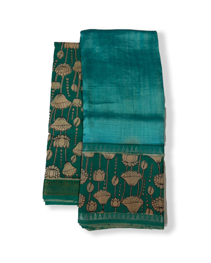 Premium Mangalagiri Semi Pattu 2PC Dress Material in Turquoise Blue with Lotus Floral Print | Elegant Traditional Wear Fabric Set