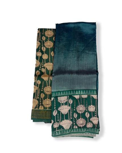 Premium Mangalagiri Semi Pattu 2PC Dress Material in Peacock Green with Lotus Floral Print | Elegant Traditional Wear Fabric Set