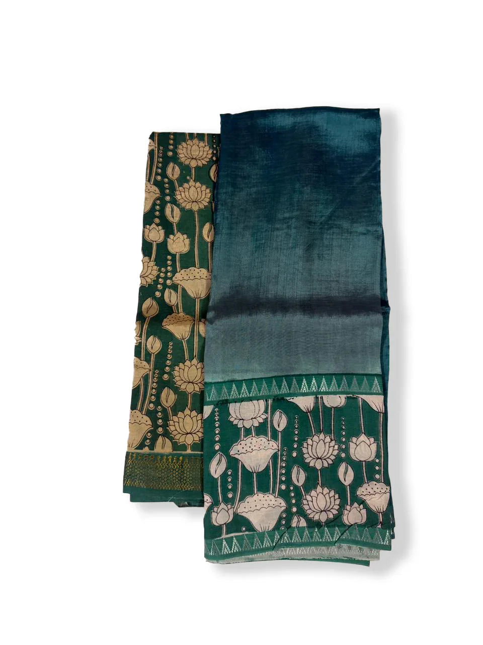 Premium Mangalagiri Semi Pattu 2PC Dress Material in Peacock Green with Lotus Floral Print | Elegant Traditional Wear Fabric Set