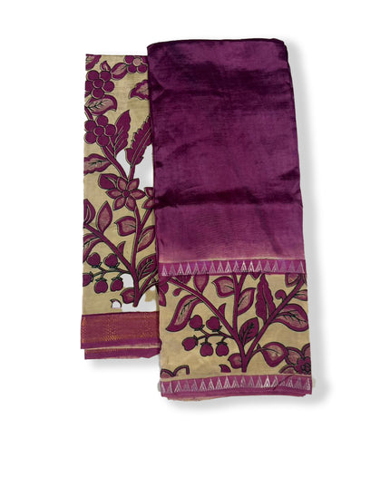 Premium Mangalagiri Semi Pattu 2PC Dress Material in Wine Purple with Traditional Floral Print | Elegant Ethnic Wear Fabric Set