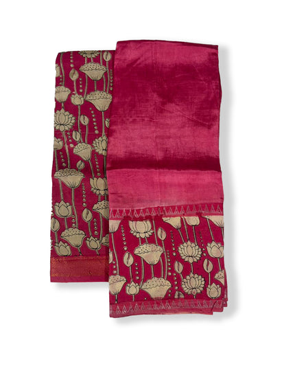Premium Mangalagiri Semi Pattu 2PC Dress Material in Rani Pink with Lotus Floral Print | Elegant Traditional Wear Fabric Set