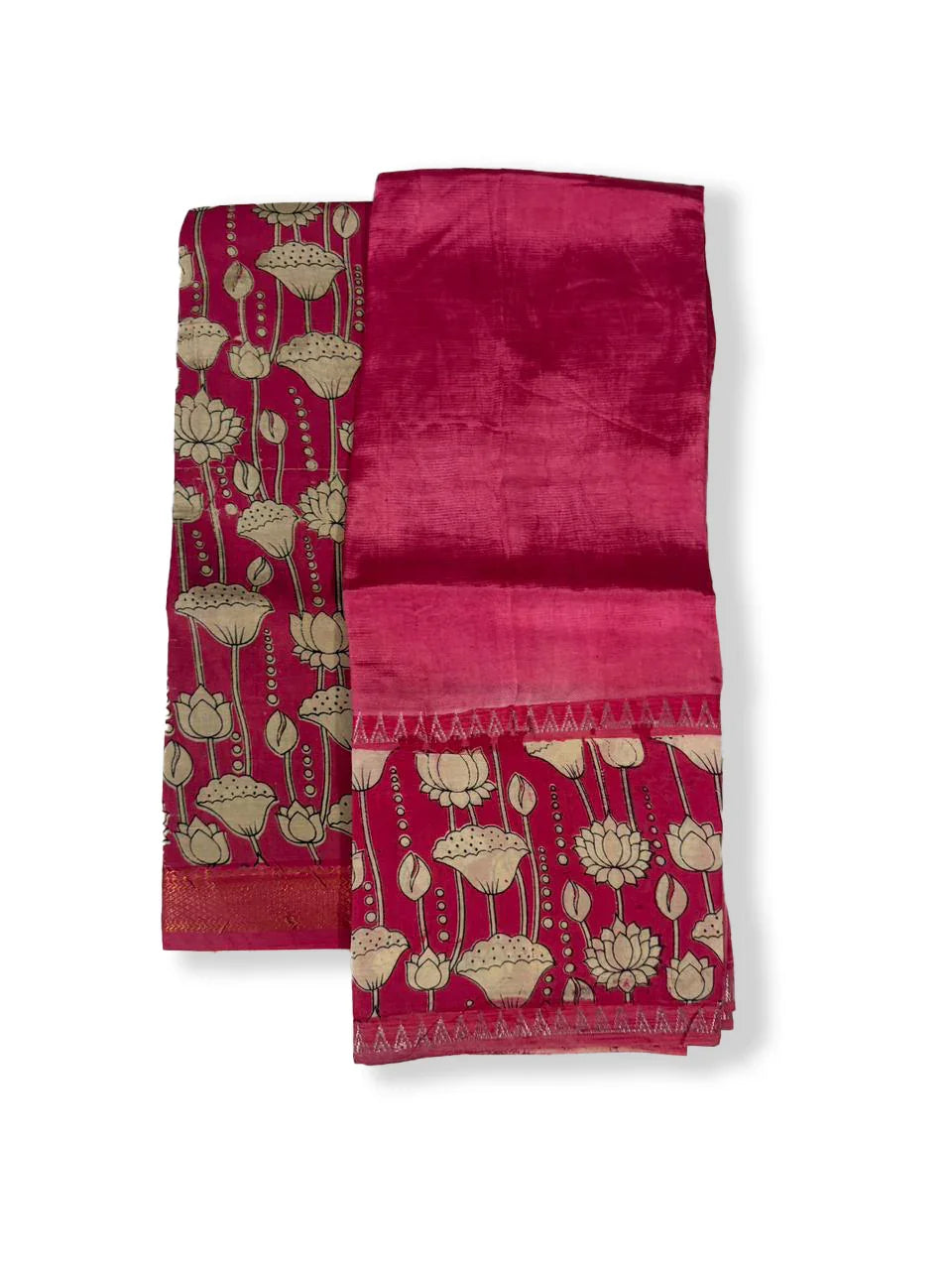 Premium Mangalagiri Semi Pattu 2PC Dress Material in Rani Pink with Lotus Floral Print | Elegant Traditional Wear Fabric Set