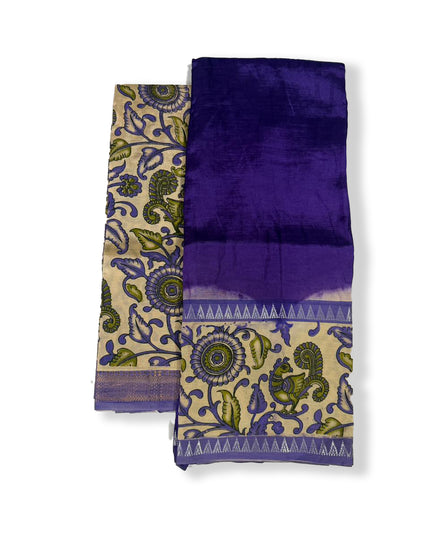 Premium Mangalagiri Semi Pattu 2PC Dress Material in Royal Blue with Traditional Kalamkari Print | Elegant Ethnic Wear Fabric Set