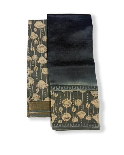 Premium Mangalagiri Semi Pattu 2PC Dress Material in Slate Grey with Lotus Floral Print | Elegant Traditional Wear Fabric Set