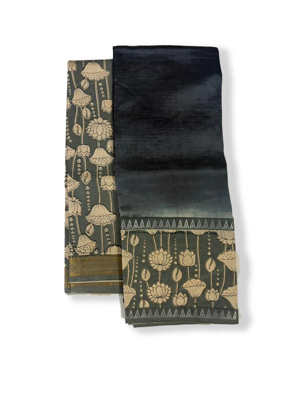 Premium Mangalagiri Semi Pattu 2PC Dress Material in Slate Grey with Lotus Floral Print | Elegant Traditional Wear Fabric Set