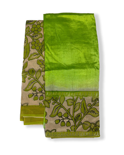Premium Mangalagiri Semi Pattu 2PC Dress Material in Parrot Green with Traditional Floral Print | Elegant Ethnic Wear Fabric Set