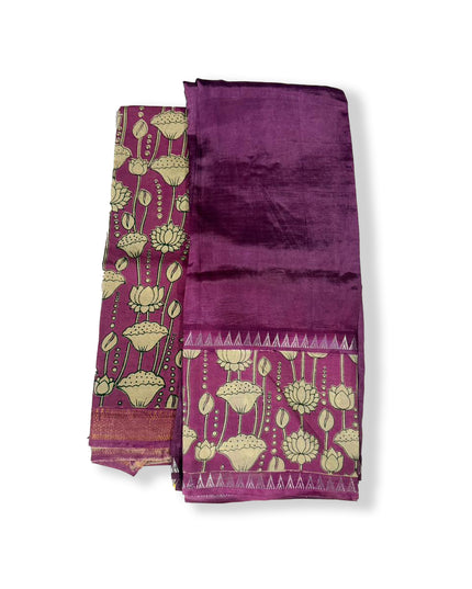 Premium Mangalagiri Semi Pattu 2PC Dress Material in Berry Purple with Lotus Floral Print | Elegant Traditional Wear Fabric Set