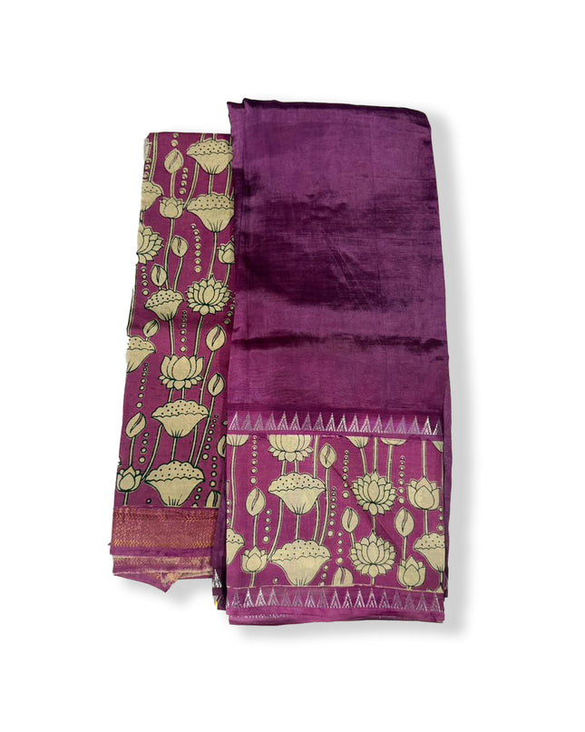 Premium Mangalagiri Semi Pattu 2PC Dress Material in Berry Purple with Lotus Floral Print | Elegant Traditional Wear Fabric Set