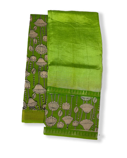 Premium Mangalagiri Semi Pattu 2PC Dress Material in Parrot Green with Lotus Floral Print | Elegant Traditional Wear Fabric Set