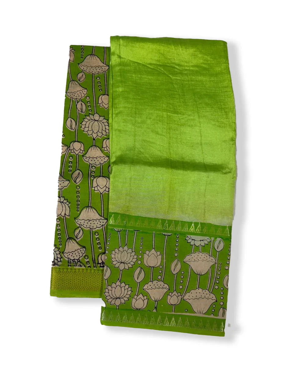 Premium Mangalagiri Semi Pattu 2PC Dress Material in Parrot Green with Lotus Floral Print | Elegant Traditional Wear Fabric Set