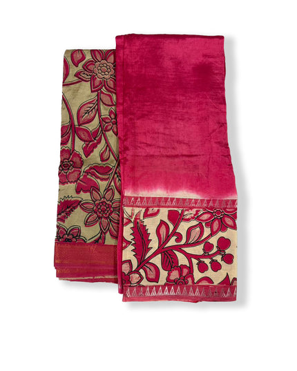 Premium Mangalagiri Semi Pattu 2PC Dress Material in Rani Pink with Traditional Floral Print | Elegant Ethnic Wear Fabric Set