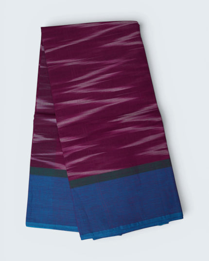 Pochampally Handloom Saree in Magenta Purple Colour with Traditional Ikat Design & Royal Blue Border