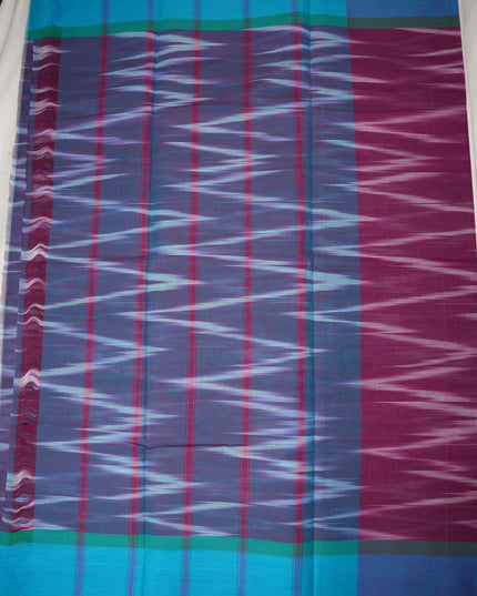 Pochampally Handloom Saree in Magenta Purple Colour with Traditional Ikat Design & Royal Blue Border