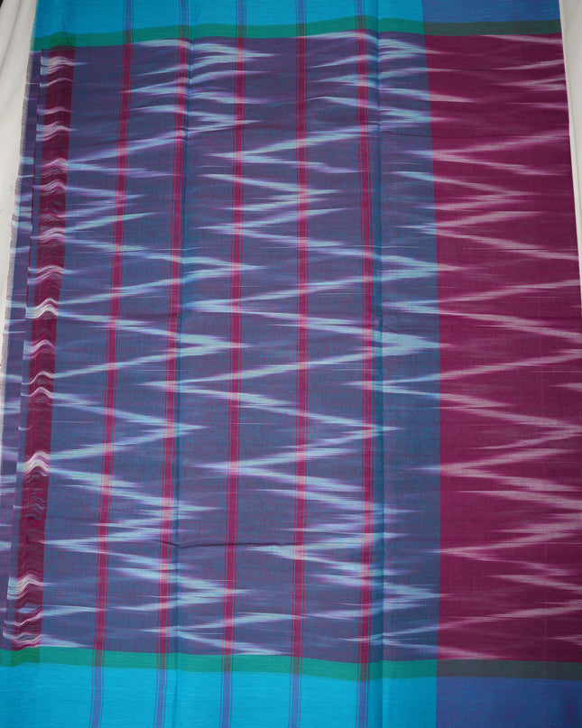Pochampally Handloom Saree in Magenta Purple Colour with Traditional Ikat Design & Royal Blue Border