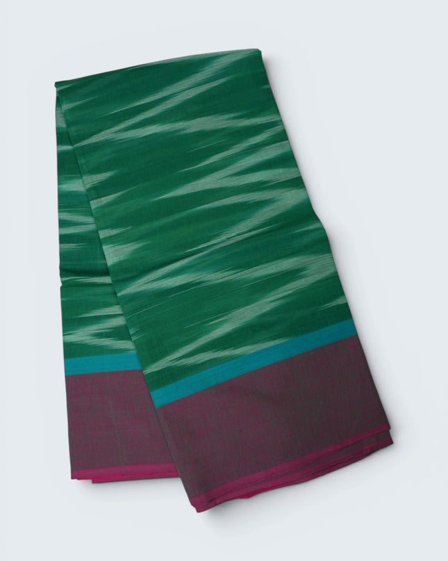 Pochampally Handloom Saree in Emerald Green Colour with Traditional Ikat Design & Wine Purple Border