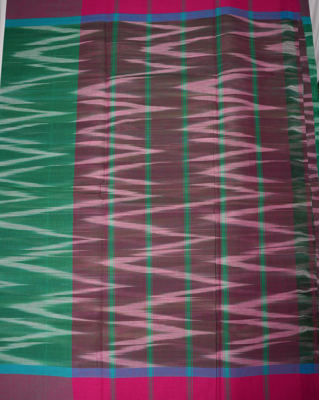 Pochampally Handloom Saree in Emerald Green Colour with Traditional Ikat Design & Wine Purple Border