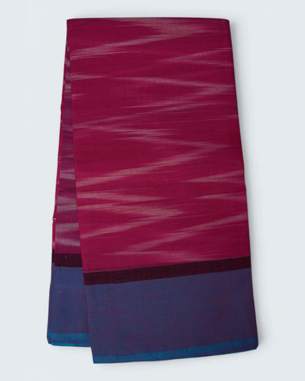 Pochampally Handloom Saree in Rani Pink Colour with Traditional Ikat Design & Royal Blue Border