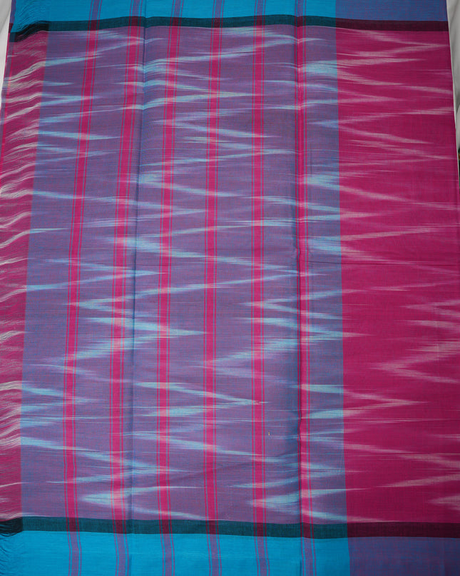 Pochampally Handloom Saree in Rani Pink Colour with Traditional Ikat Design & Royal Blue Border