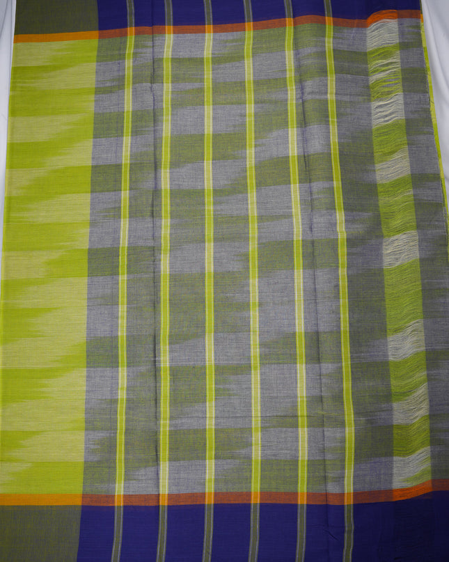 Pochampally Handloom Saree in Parrot Green Colour with Traditional Ikat Design & Olive Green Border