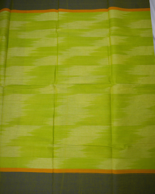 Pochampally Handloom Saree in Parrot Green Colour with Traditional Ikat Design & Olive Green Border