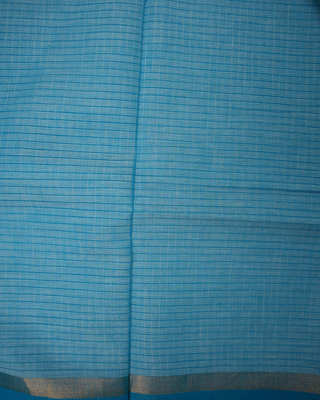 Small Checked Handloom Saree in Sky Blue Colour with Royal Blue Border and Traditional Cotton Weave Design