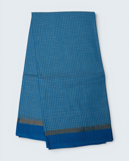 Small Checked Handloom Saree in Sky Blue Colour with Royal Blue Border and Traditional Cotton Weave Design