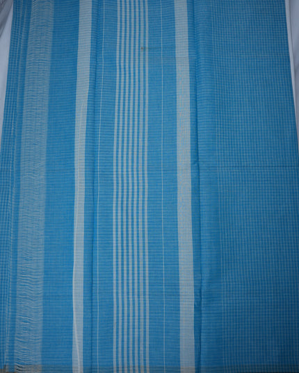 Small Checked Handloom Saree in Sky Blue Colour with Royal Blue Border and Traditional Cotton Weave Design