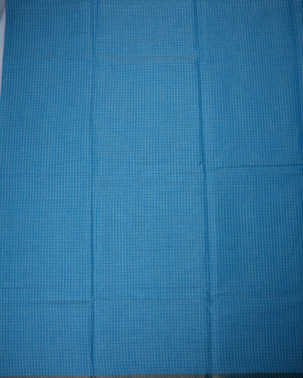 Small Checked Handloom Saree in Sky Blue Colour with Royal Blue Border and Traditional Cotton Weave Design