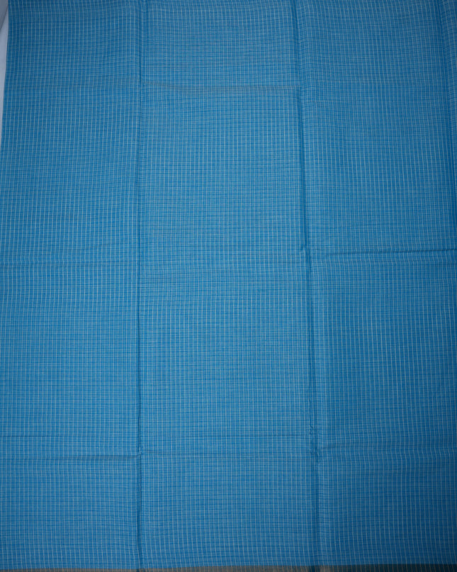 Small Checked Handloom Saree in Sky Blue Colour with Royal Blue Border and Traditional Cotton Weave Design