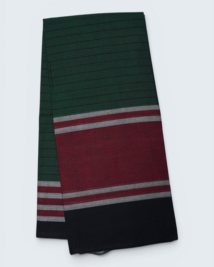 Handloom Cotton Saree in Bottle Green Colour with One Side Maroon Border and Traditional Stripe Weave