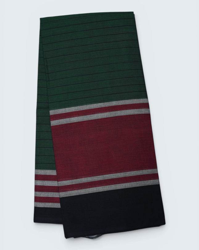 Handloom Cotton Saree in Bottle Green Colour with One Side Maroon Border and Traditional Stripe Weave