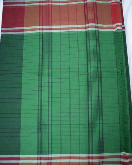 Handloom Cotton Saree in Bottle Green Colour with One Side Maroon Border and Traditional Stripe Weave
