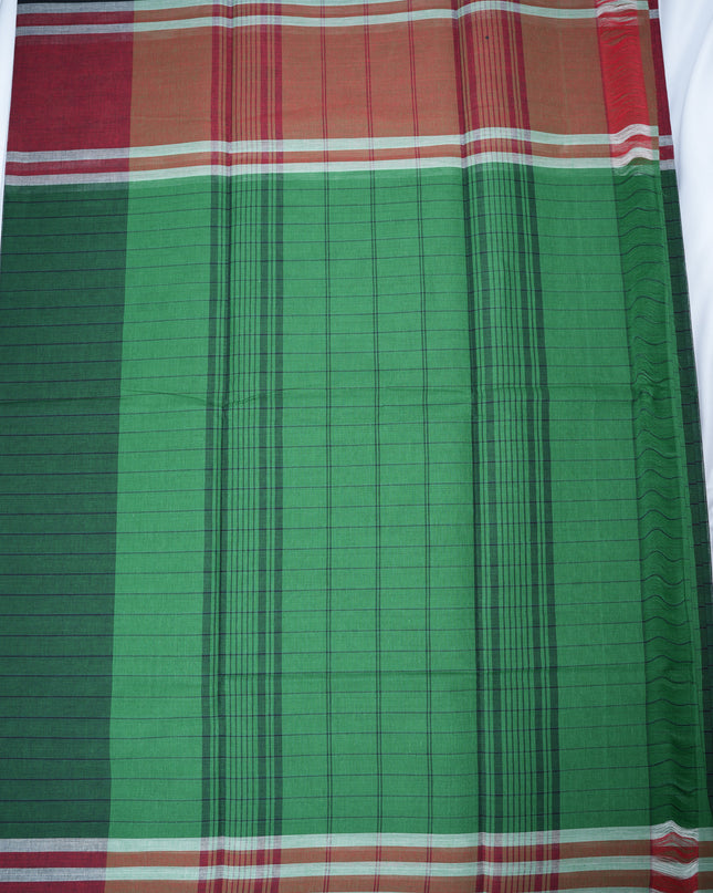 Handloom Cotton Saree in Bottle Green Colour with One Side Maroon Border and Traditional Stripe Weave