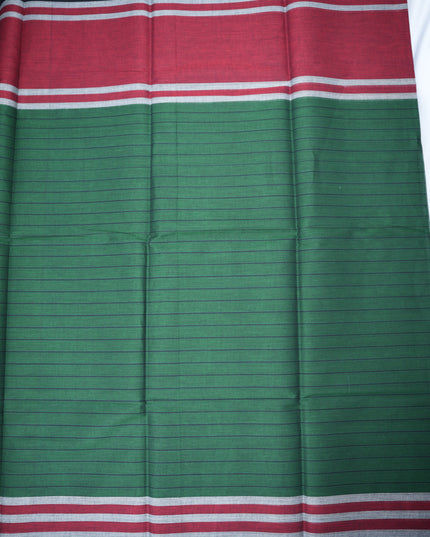 Handloom Cotton Saree in Bottle Green Colour with One Side Maroon Border and Traditional Stripe Weave