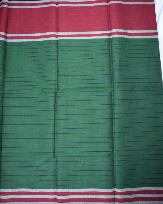 Handloom Cotton Saree in Bottle Green Colour with One Side Maroon Border and Traditional Stripe Weave