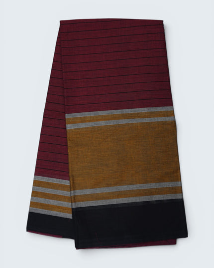 Handloom Cotton Saree in Maroon Colour with One Side Mustard Gold Border and Traditional Stripe Weave