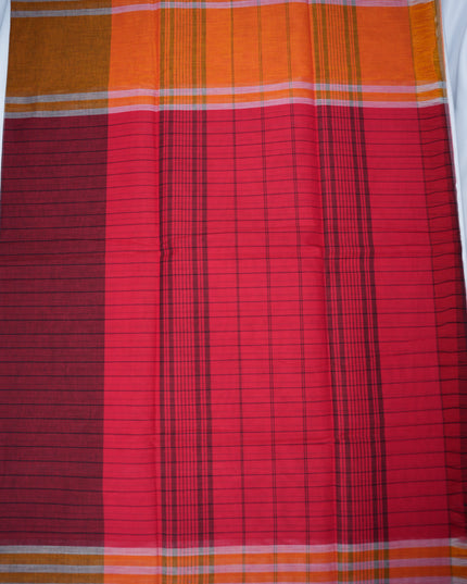 Handloom Cotton Saree in Maroon Colour with One Side Mustard Gold Border and Traditional Stripe Weave
