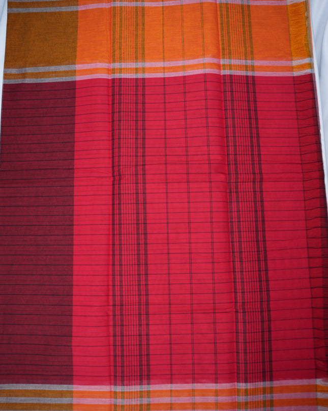Handloom Cotton Saree in Maroon Colour with One Side Mustard Gold Border and Traditional Stripe Weave