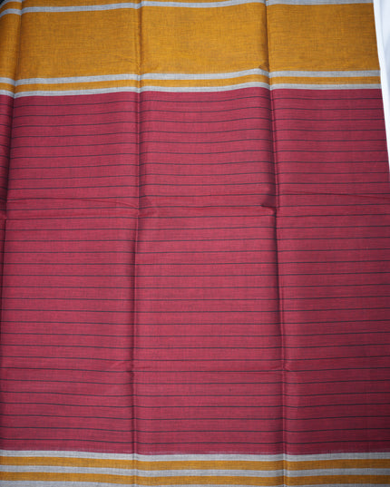 Handloom Cotton Saree in Maroon Colour with One Side Mustard Gold Border and Traditional Stripe Weave