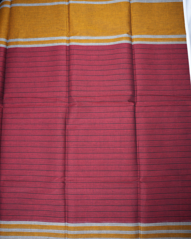 Handloom Cotton Saree in Maroon Colour with One Side Mustard Gold Border and Traditional Stripe Weave
